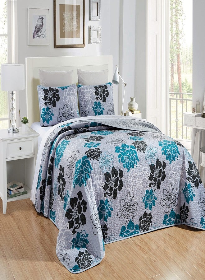 Masterplay 3-Piece Fine Printed Oversize (100inch X 95inch) Quilt Set, Bedspread Coverlet Queen Size Bed Cover (Grey with Black, Turquoise Blue Floral),Oversize Queen - Image 3