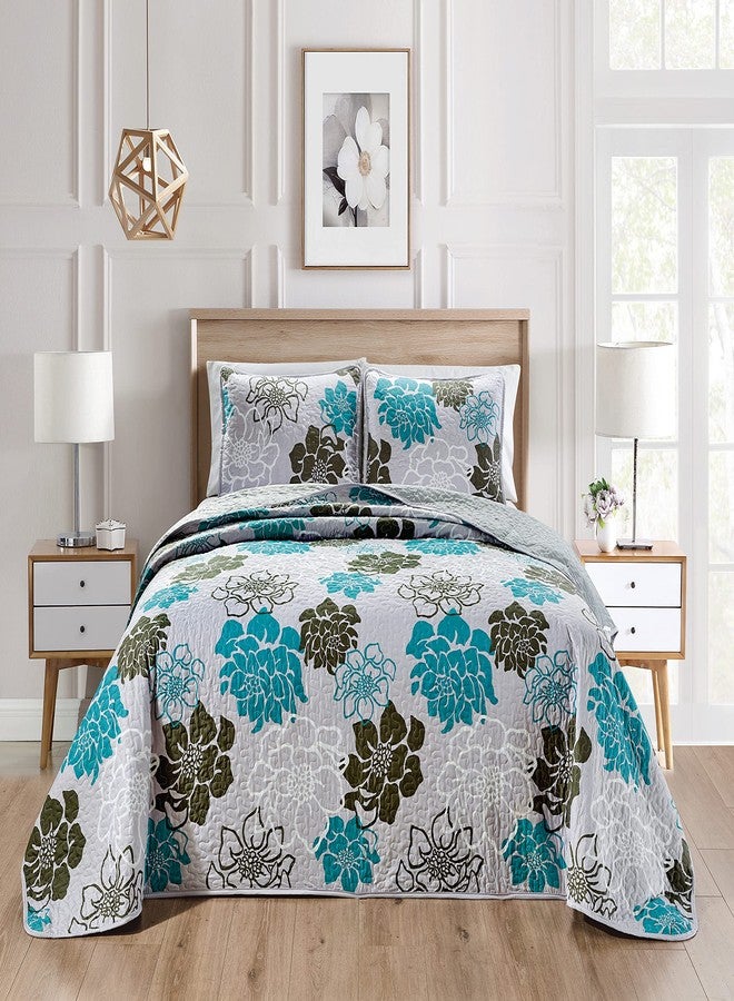 Masterplay 3-Piece Fine Printed Oversize (100inch X 95inch) Quilt Set, Bedspread Coverlet Queen Size Bed Cover (Grey with Black, Turquoise Blue Floral),Oversize Queen - Image 2