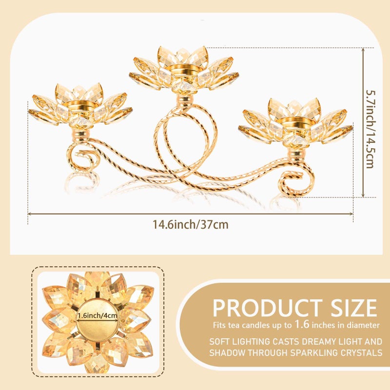 kehail 2Pcs Gold Kehail Crystal Metal Tea Light Candle Holder Set, 3-Arm Flower Shaped Crystal Votive Candlestick Holders for Table Centerpiece, Wedding Shower, Party and Home Decor - Image 3