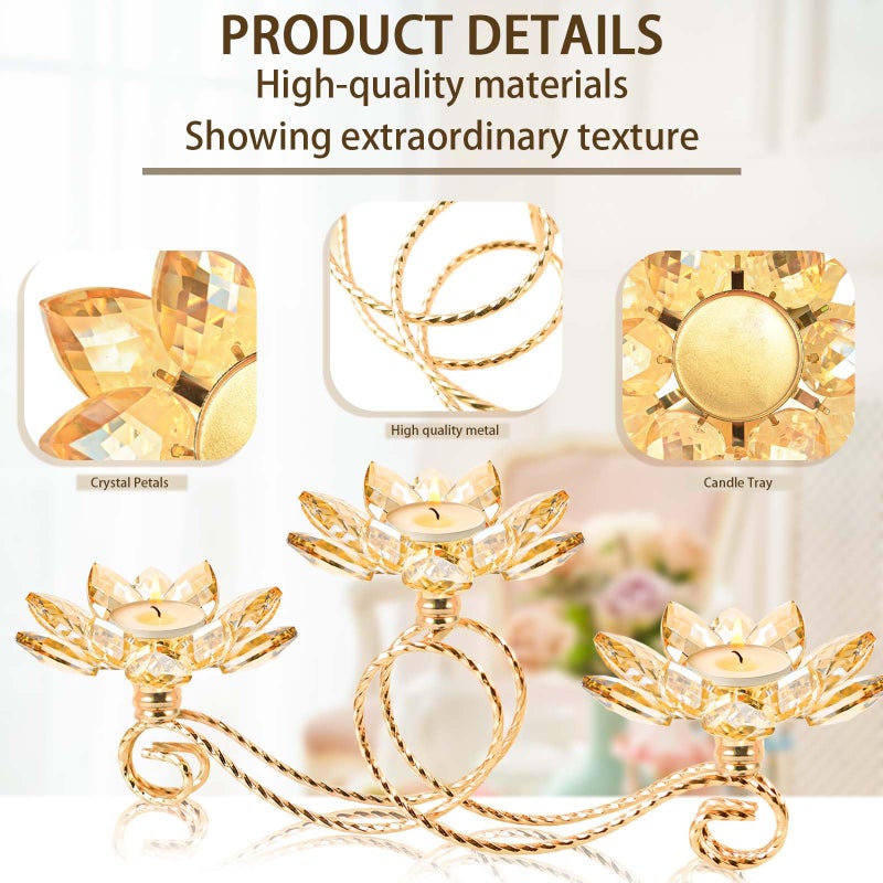 kehail 2Pcs Gold Kehail Crystal Metal Tea Light Candle Holder Set, 3-Arm Flower Shaped Crystal Votive Candlestick Holders for Table Centerpiece, Wedding Shower, Party and Home Decor - Image 2