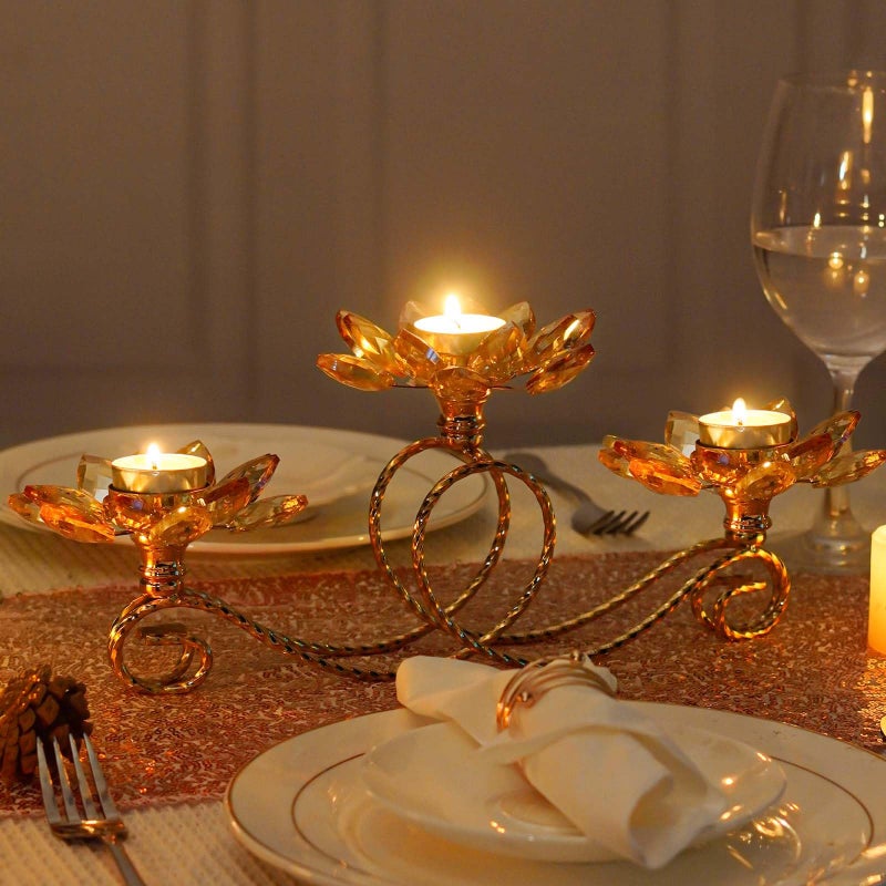 kehail 2Pcs Gold Kehail Crystal Metal Tea Light Candle Holder Set, 3-Arm Flower Shaped Crystal Votive Candlestick Holders for Table Centerpiece, Wedding Shower, Party and Home Decor - Image 4