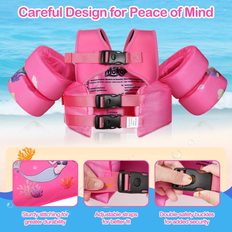 MoKo Toddler Swim Vest for Kids, Swim Arm Floaties 22-66 lbs Boys and Girls Cartoon Swimming Water Wings Pool Float Vests Sleeves Shoulder Straps Arm Band for Children Learn to Swim, Magenta - Image 2
