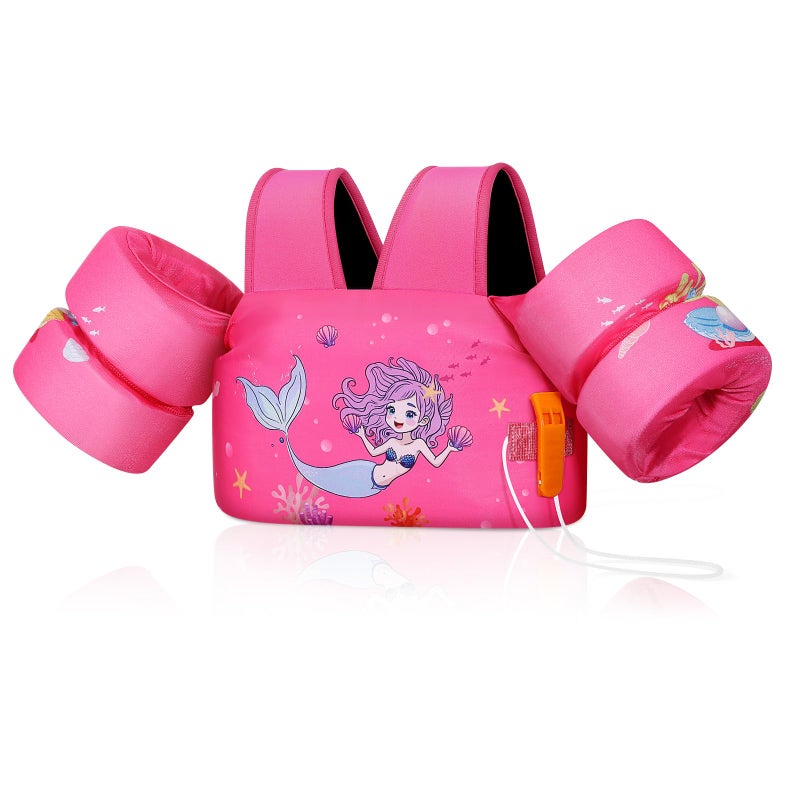 MoKo Toddler Swim Vest for Kids, Swim Arm Floaties 22-66 lbs Boys and Girls Cartoon Swimming Water Wings Pool Float Vests Sleeves Shoulder Straps Arm Band for Children Learn to Swim, Magenta - Image 1