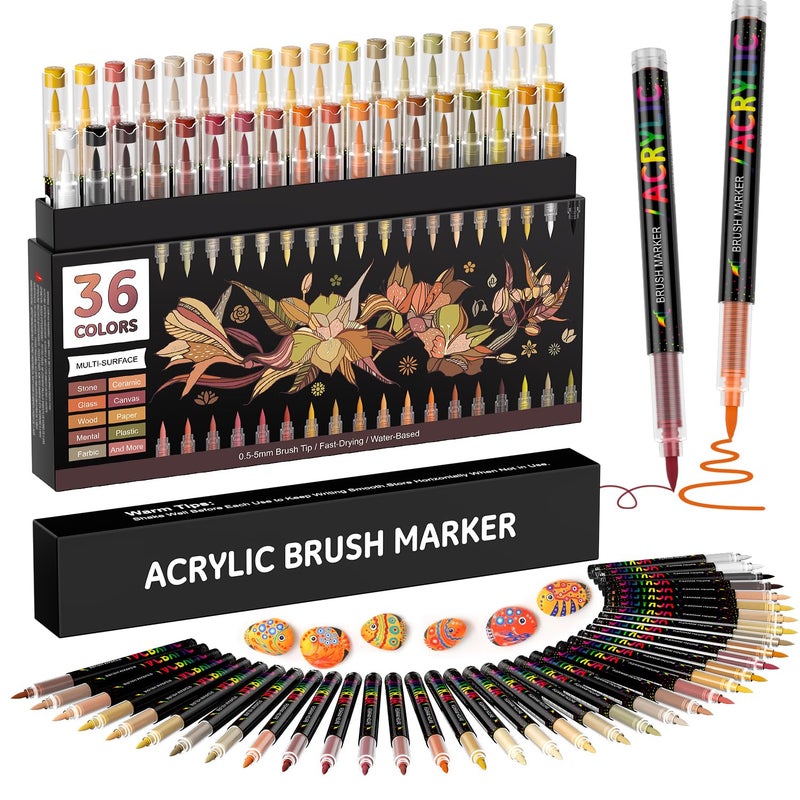 Sanyetral 36 Brown Tones Colors Acrylic Paint Markers, Soft Brush Tip Paint Pens Paint Markers, Acrylic Paint Pens for Wood, Stone, Canvas, Glass, Fabric, Egg & DIY Crafts Art Supplies (Brown) - Image 1