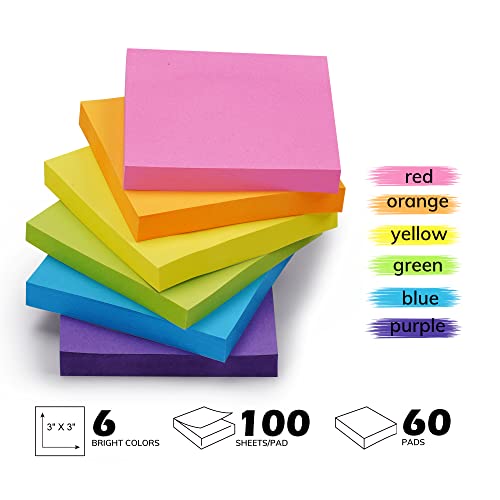 Ezzgol Sticky Notes Bulk, 60 Pads Sticky Notes, 3 X 3 Inch, 100 Sheets/Pad, Assorted Bright Colors Notes Pads Pack,Great Sticking Power - Image 2