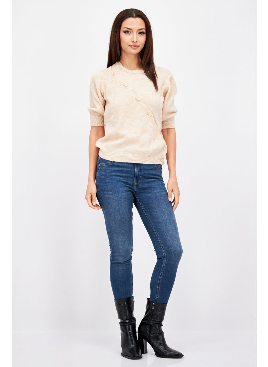 Etam Women Round Neck Elbow Sleeves Knitted Sweater, Beige  - Image 2