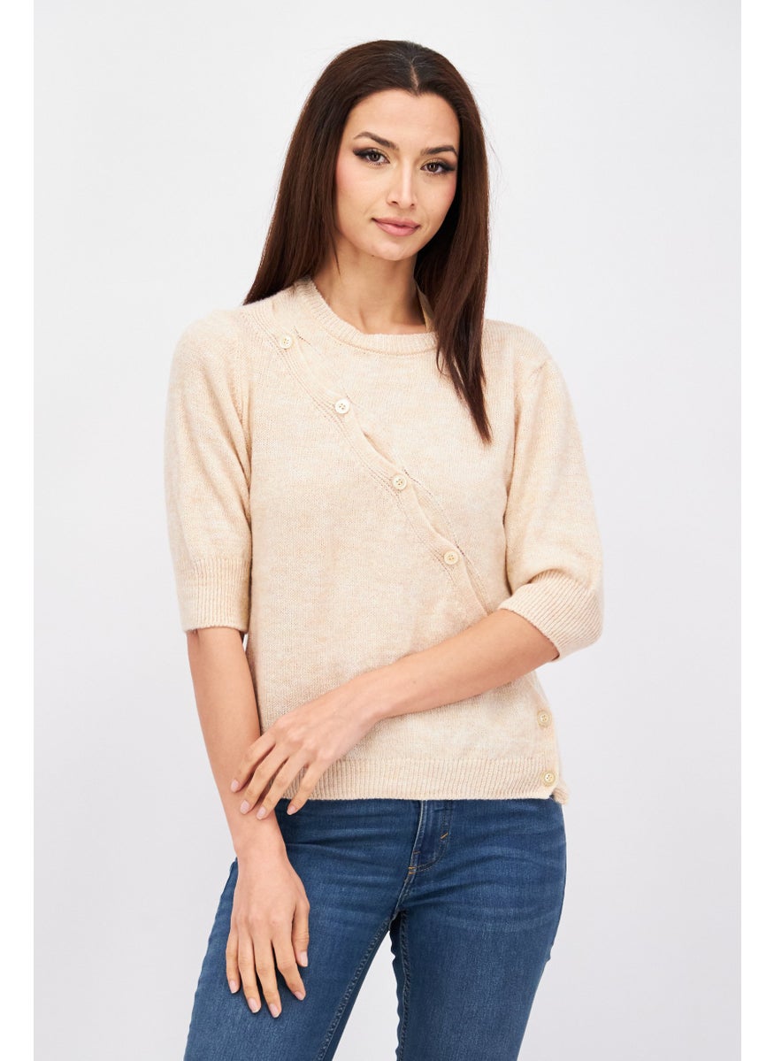 Etam Women Round Neck Elbow Sleeves Knitted Sweater, Beige  - Image 1