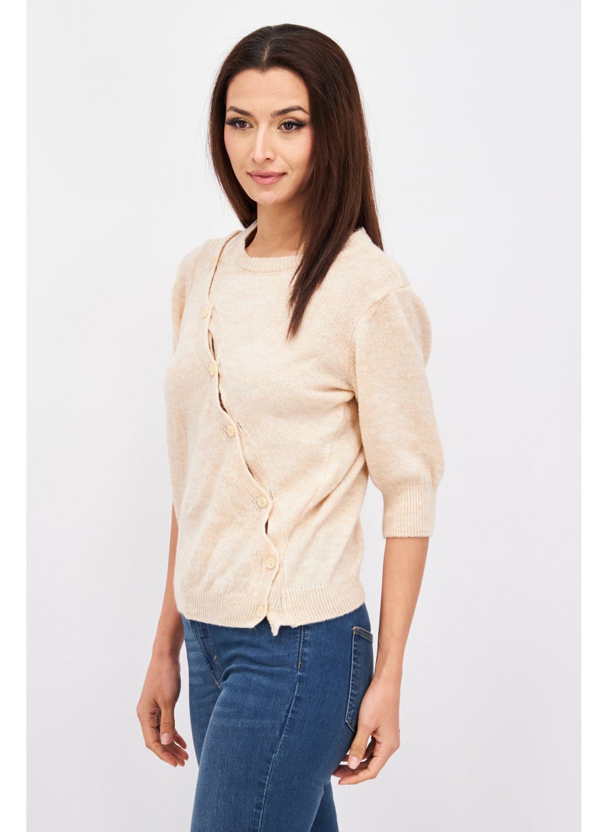 Etam Women Round Neck Elbow Sleeves Knitted Sweater, Beige  - Image 3
