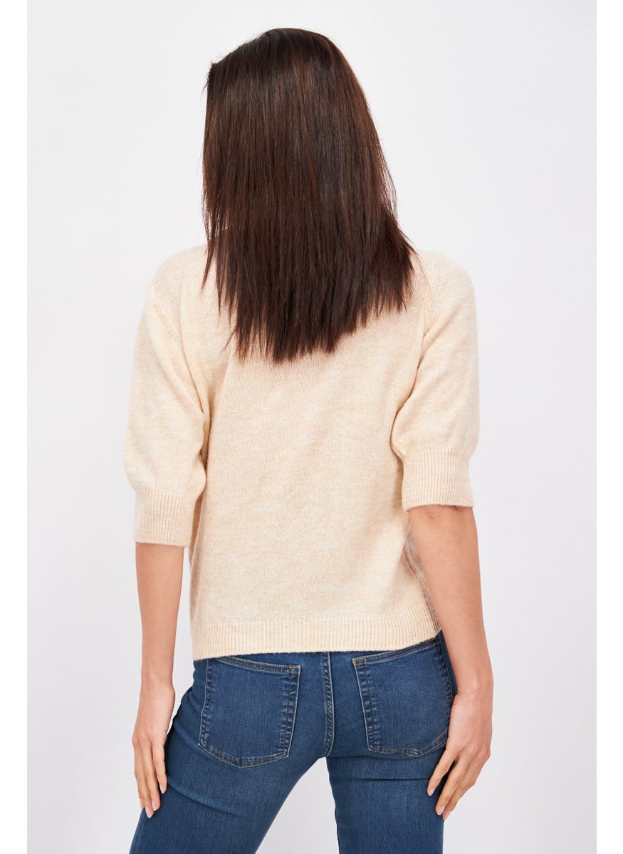 Etam Women Round Neck Elbow Sleeves Knitted Sweater, Beige  - Image 4