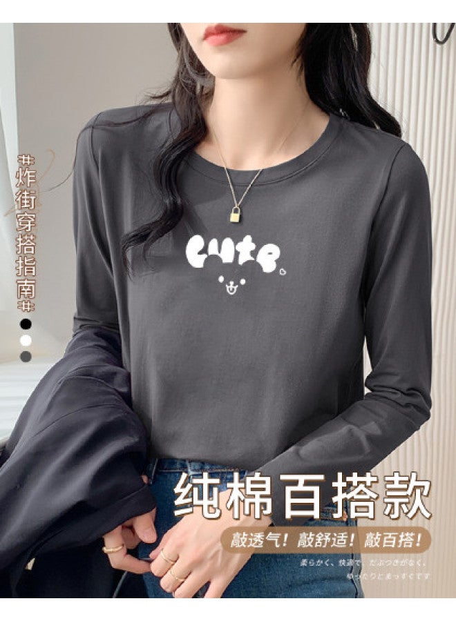 LANG SHA Women'S Long Sleeve Round Neck T-Shirt, Versatile Solid Color Printed Layering Top, T-Shirt For Women - Image 1