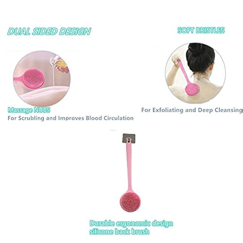 CINLITEK Silicone Body Scrubber, Long Handle Back Scrubber for Shower, Silicone Body Brush，Shower Scrubber For Body, Shower Srush Back Brush Body Exfoliator (Pink) - Image 2
