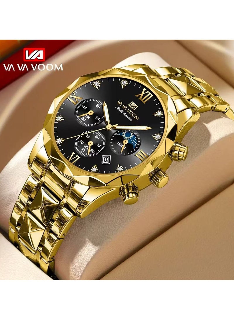 VavaVoom Men's Watch, Waterproof Steel Strap With Calendar Function, Quartz Movement, Business Men's Watch (gold)  - Image 1