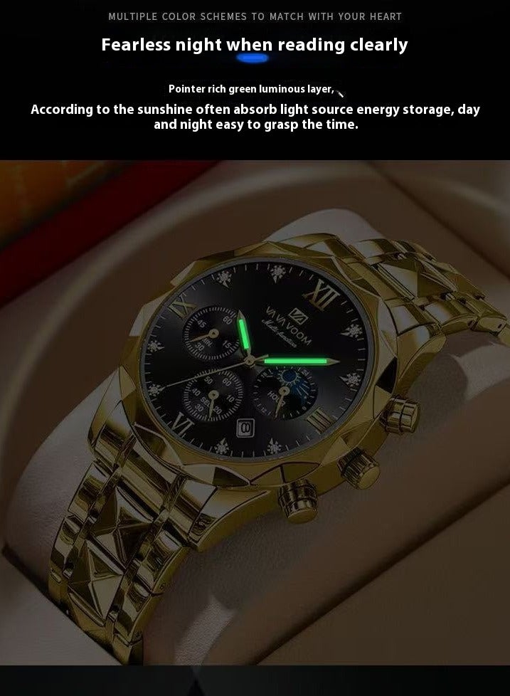 VavaVoom Men's Watch, Waterproof Steel Strap With Calendar Function, Quartz Movement, Business Men's Watch (gold)  - Image 4