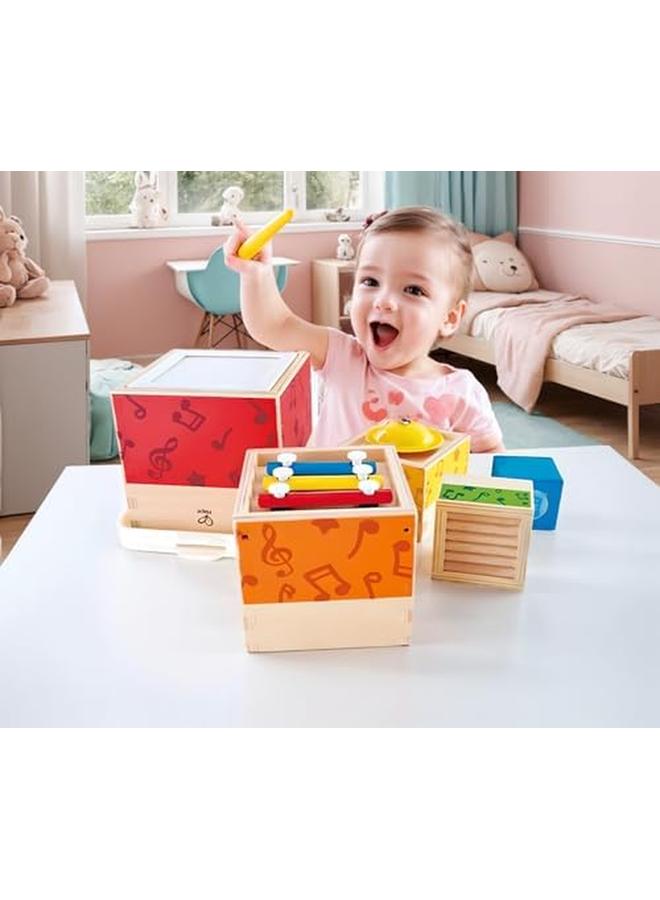 Hape Stacking Music Set Colourful 6 Piece Musical Box Toy Wooden Set For Kids 18 Months Plus - Image 2