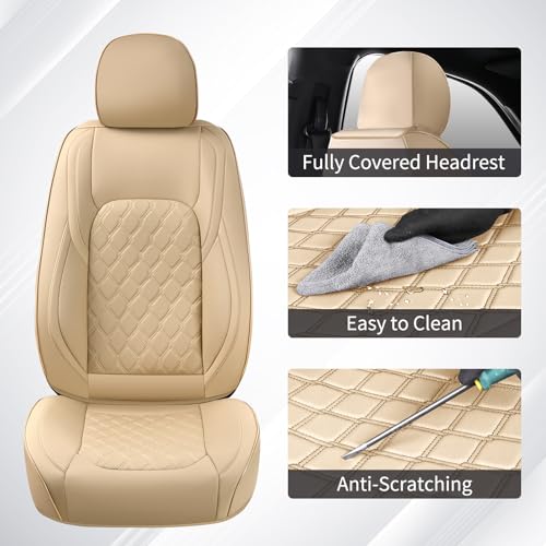 Huidasource F250 Front Seat Covers, 360° Full Coverage Leather Car Seat Protector Fit for Ford F150 2015-2025&F250 F350 F450 2017-2025 All Cab XL XLT Lariat King Ranch Platinum (Front Pair/Beige) - Image 3