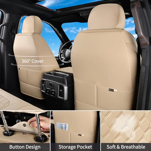 Huidasource F250 Front Seat Covers, 360° Full Coverage Leather Car Seat Protector Fit for Ford F150 2015-2025&F250 F350 F450 2017-2025 All Cab XL XLT Lariat King Ranch Platinum (Front Pair/Beige) - Image 4