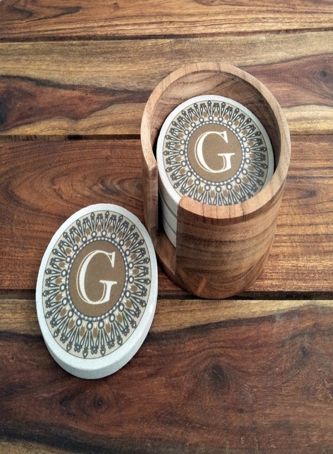 SANDSTERS Natural Sandstone Monogram G Printed Absorbent Beverage Coasters Set of 4Pcs with Acacia Wood Holder - Image 2