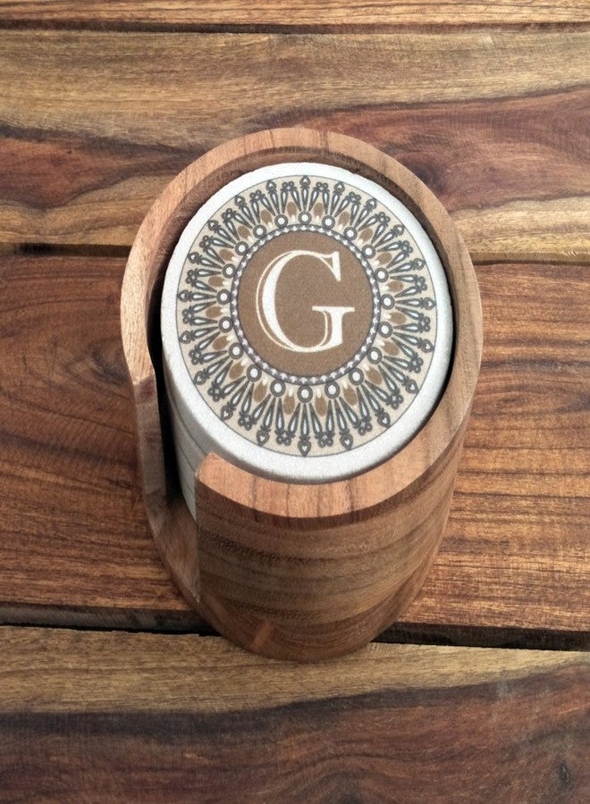 SANDSTERS Natural Sandstone Monogram G Printed Absorbent Beverage Coasters Set of 4Pcs with Acacia Wood Holder - Image 3