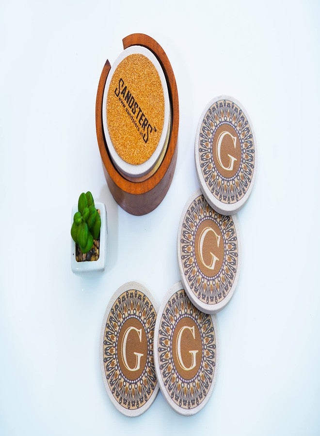 SANDSTERS Natural Sandstone Monogram G Printed Absorbent Beverage Coasters Set of 4Pcs with Acacia Wood Holder - Image 1
