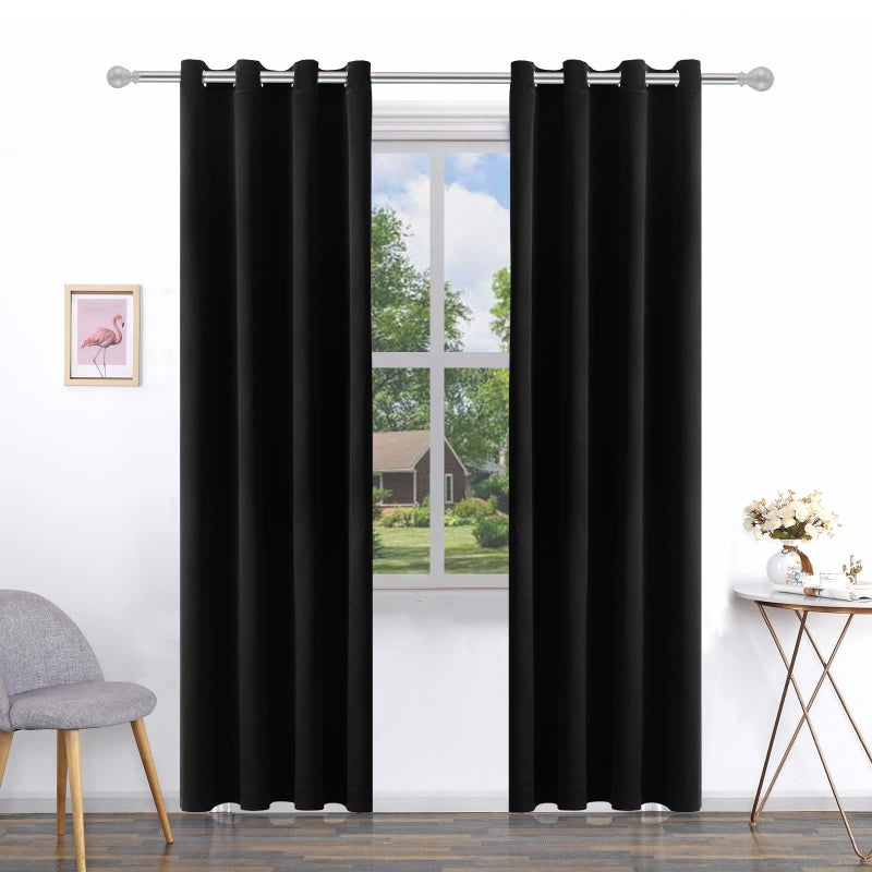 Pickluc Grommet Blackout Curtain for Living Room Light Blocking Drapes Thermal Insulated Noise Reduction 52 Inches Wide x 96 Inches Long Black 2 Panels