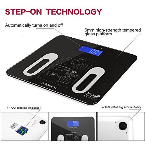 Triomph Precision Body Fat Scale with Backlit LCD Digital Bathroom Scale For Body Weight, Body Fat,Water,Muscle,BMI,Bone Mass and Calorie,10 User Recognition 400 lbs Capacity,Fat Loss Monitor,Black - Image 3
