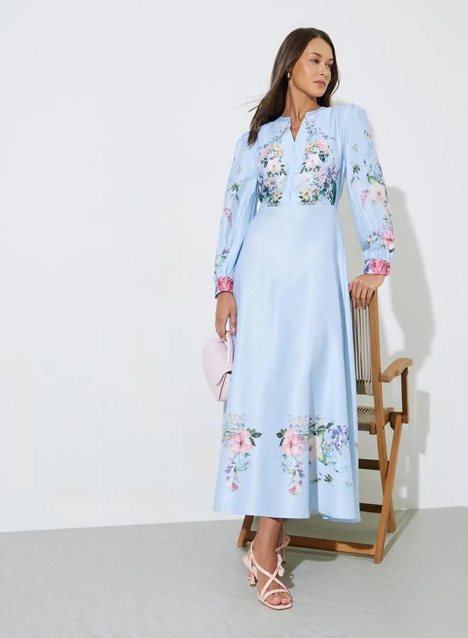 Light Blue Floral Print Notch Neck A-Line Maxi Dress