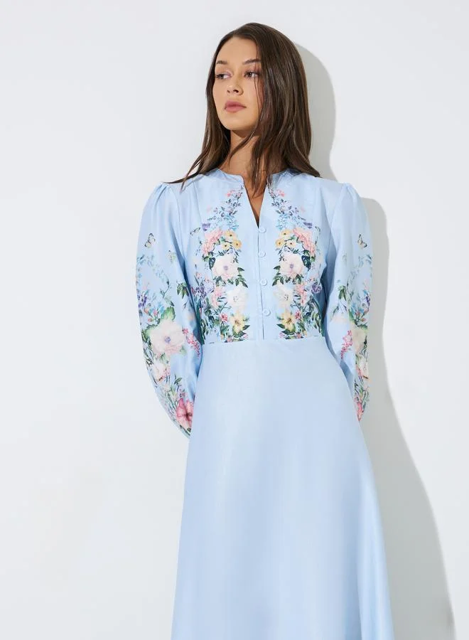 Styli Light Blue Floral Print Notch Neck A-Line Maxi Dress