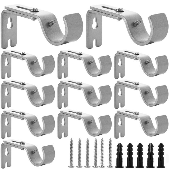 12PCS ADJUSTABLE CURTAIN BRACKET HEAVY DUTY WALL MOUNT HOLDERS FOR 1 RODS 20LBS CAPACITY METAL BRACKETS SILVER