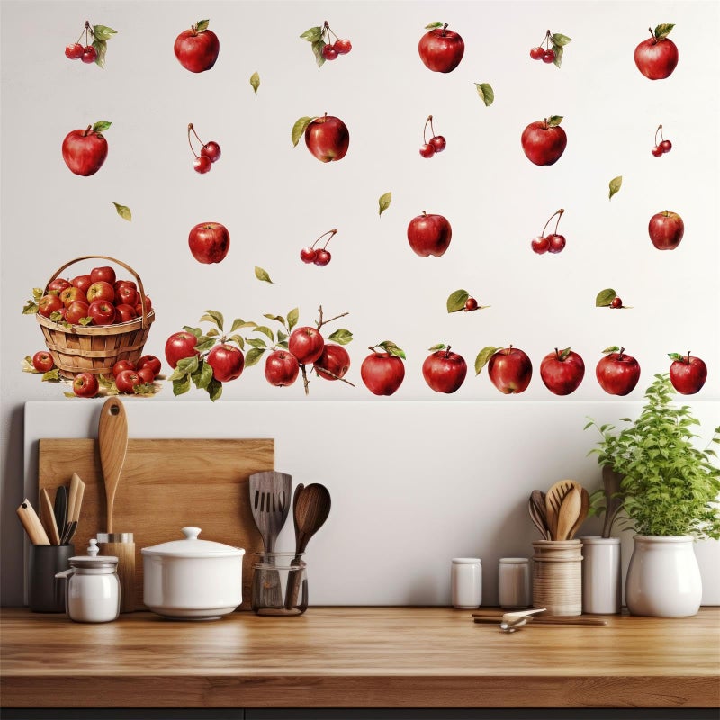 Barri Design Apple Wall Stickers Vintage Fruit Wall Sticker Watercolor Red Cherry Apples Decals Peel and Stick Kitchen Stickers Retro Country Fruit Wall Decals for Nursery Bedroom Cabinet Decor - Image 4