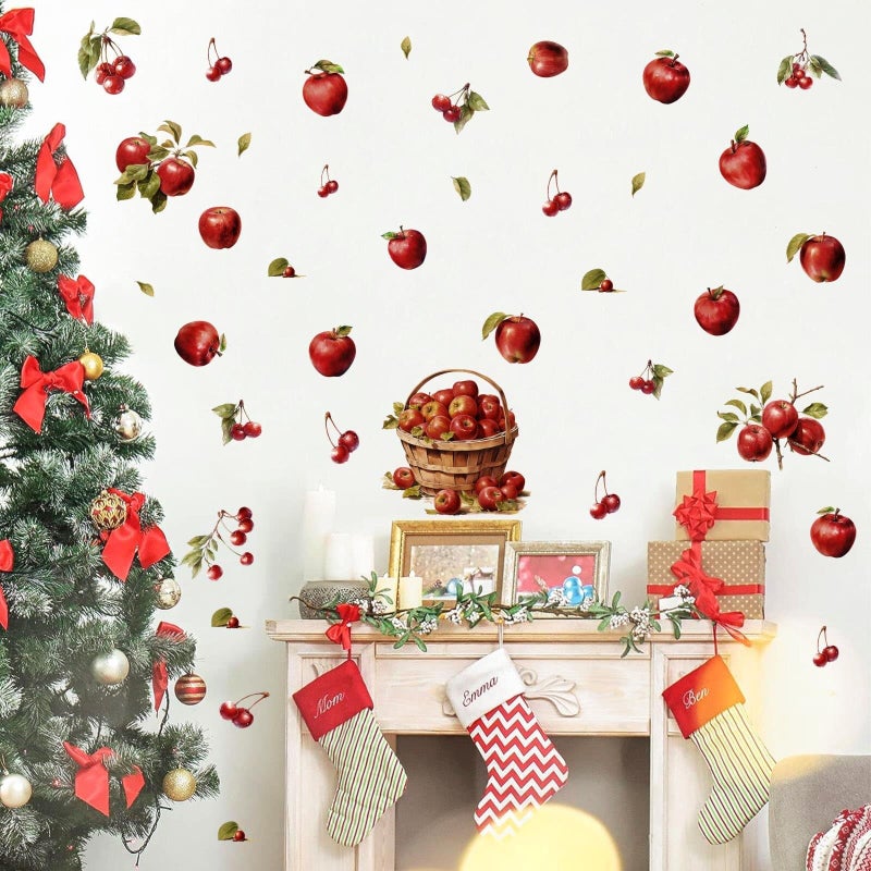 Barri Design Apple Wall Stickers Vintage Fruit Wall Sticker Watercolor Red Cherry Apples Decals Peel and Stick Kitchen Stickers Retro Country Fruit Wall Decals for Nursery Bedroom Cabinet Decor - Image 2