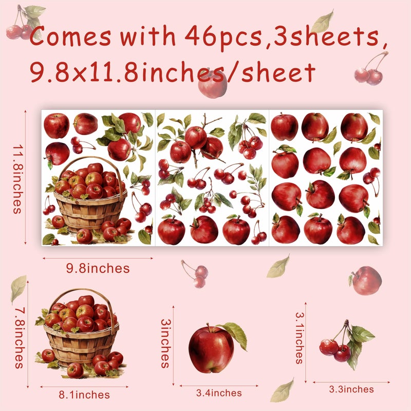 Barri Design Apple Wall Stickers Vintage Fruit Wall Sticker Watercolor Red Cherry Apples Decals Peel and Stick Kitchen Stickers Retro Country Fruit Wall Decals for Nursery Bedroom Cabinet Decor - Image 5