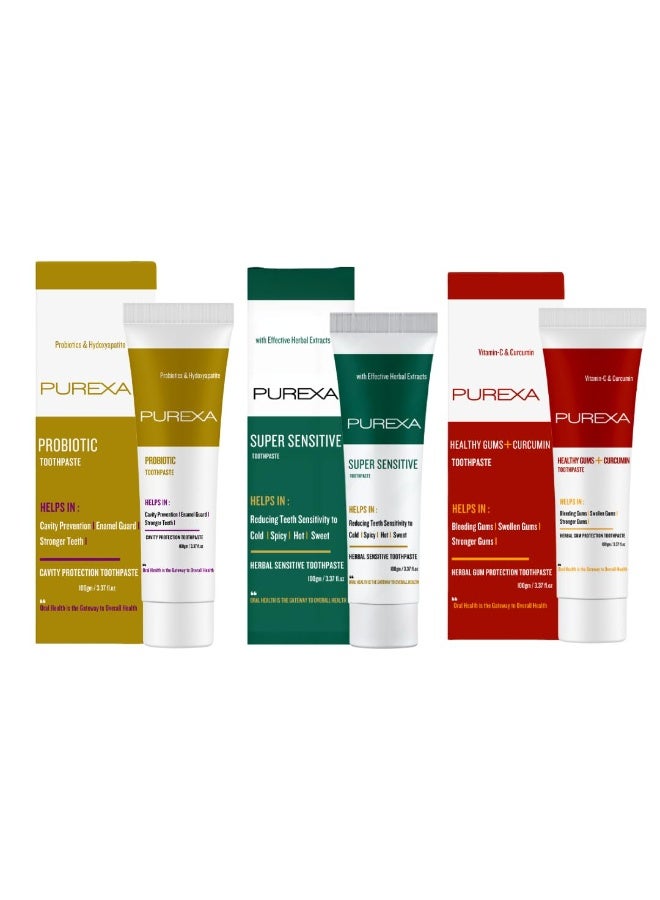 PUREXA مجموعة معاجين الأسنان PUREXA (3 عبوات): معجون "Probiotic" لحماية الأسنان من التسوس (100 جم)، ومعجون "Herbal Sensitive" لتخفيف الحساسية وترميم الأسنان (100 جم)، ومعجون "Healthy Gums" لحماية اللثة (100 جم). - Image 1
