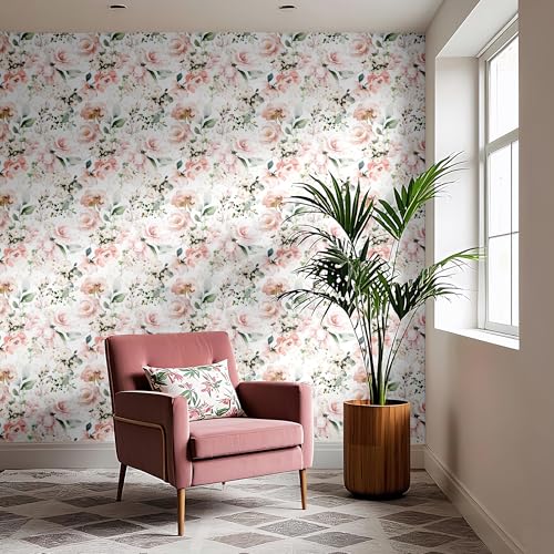Blooming Wall DPYA25 Removable Watercolor Pink Roses on White Background Textured Peel and Stick Wallpaper SelfAdhesive Prepasted Wallpaper Wall Mural - Image 3