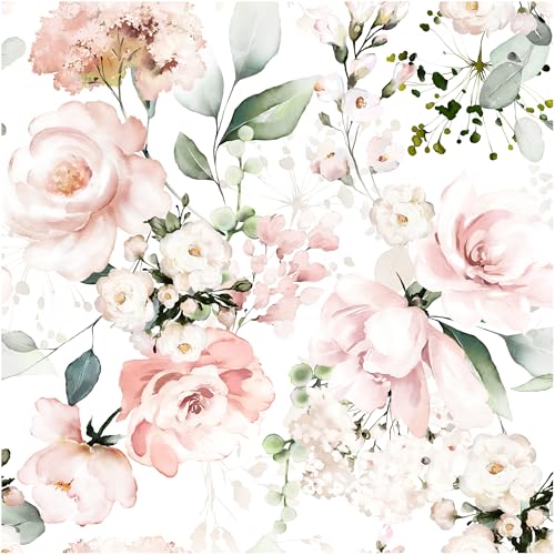 Blooming Wall DPYA25 Removable Watercolor Pink Roses on White Background Textured Peel and Stick Wallpaper SelfAdhesive Prepasted Wallpaper Wall Mural - Image 1