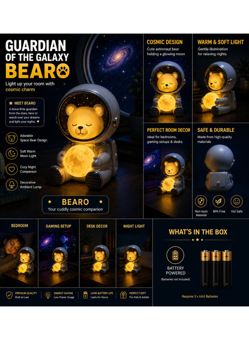 Guardian of the Galaxy Bearo Night Light – Cute Astronaut Bear Moon Lamp, Battery Powered Warm LED Ambient Light for Bedroom, Desk & Kids Room Decor