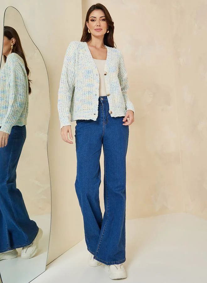 Styli Short Length Multi Yarn Button Down Boxy Fit Cardigan