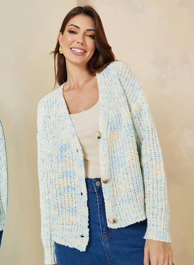 Styli Short Length Multi Yarn Button Down Boxy Fit Cardigan