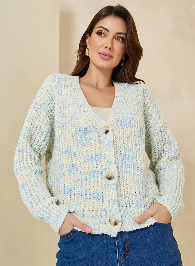 Styli Short Length Multi Yarn Button Down Boxy Fit Cardigan