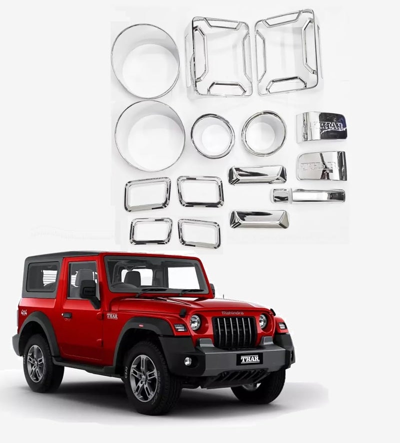 Exterior Chrome Accessories Combo Kit Suitable for Mahindra Thar 2020 to Present (Set of 15pcs)