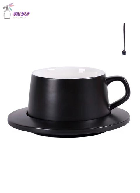Coffee Cup And Saucer Set With Spoon Ceramic Cup Espresso Cups with Saucers And Spoons 230Ml Capacity Porcelain Tea Set Latte Cups Cappuccino Cups Espresso Mug Black