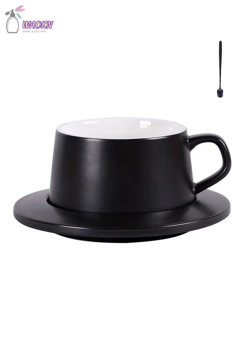 Coffee Cup And Saucer Set With Spoon Ceramic Cup Espresso Cups with Saucers And Spoons 230Ml Capacity Porcelain Tea Set Latte Cups Cappuccino Cups Espresso Mug Black