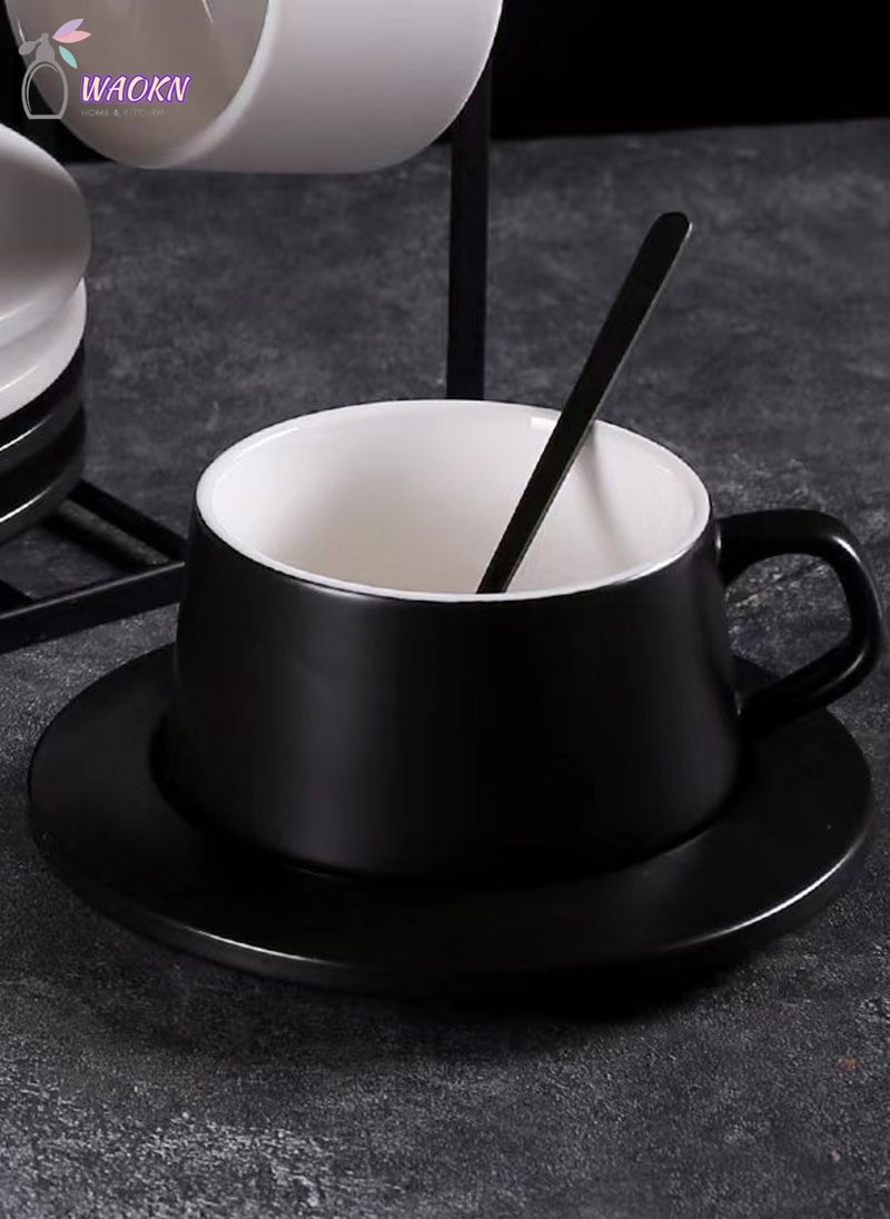 Coffee Cup And Saucer Set With Spoon Ceramic Cup Espresso Cups with Saucers And Spoons 230Ml Capacity Porcelain Tea Set Latte Cups Cappuccino Cups Espresso Mug Black