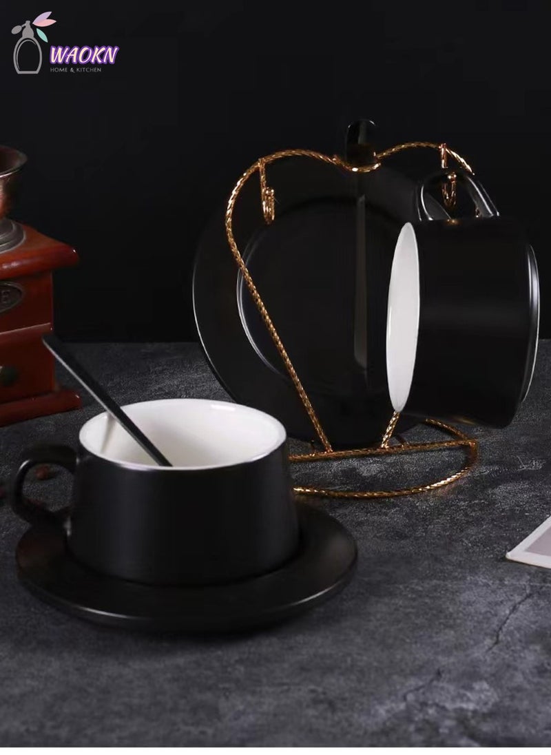 Coffee Cup And Saucer Set With Spoon Ceramic Cup Espresso Cups with Saucers And Spoons 230Ml Capacity Porcelain Tea Set Latte Cups Cappuccino Cups Espresso Mug Black