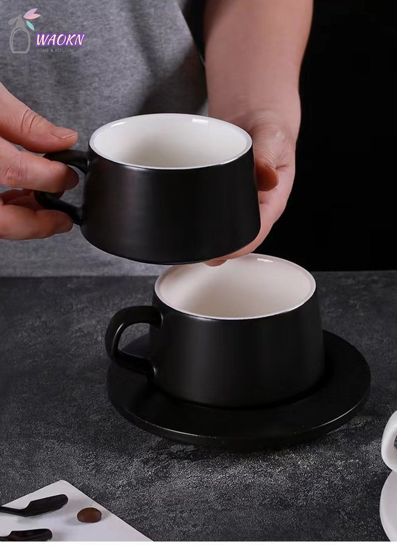 Coffee Cup And Saucer Set With Spoon Ceramic Cup Espresso Cups with Saucers And Spoons 230Ml Capacity Porcelain Tea Set Latte Cups Cappuccino Cups Espresso Mug Black