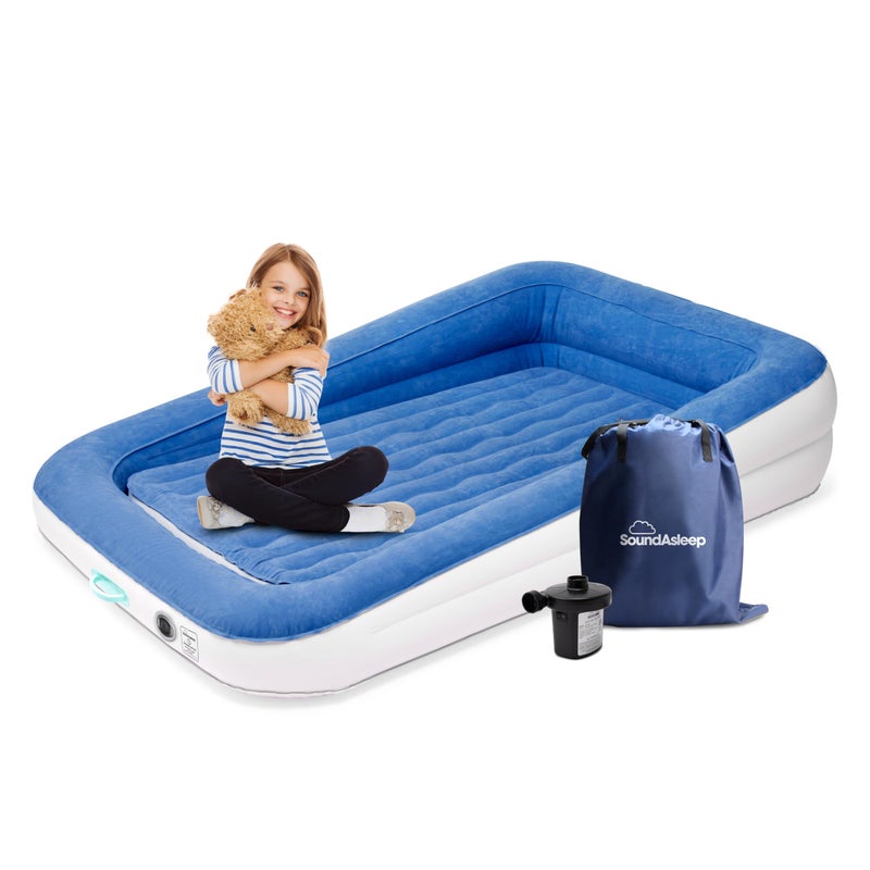 SoundAsleep Products SoundAsleep Dream Series Kids Air Mattress with High Speed External Pump  Extra Tall Safety Bumpers  Portable Toddler Blow up Bed for Kids  Inflatable Toddler Air Mattress for Home and Camping