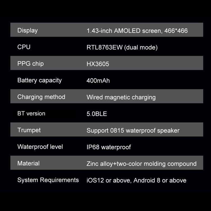 ساعة DM50 الرياضية الذكية  
شاشة AMOLED كاملة اللمس بحجم 1.43 بوصة  
متتبع لياقة بدنية مقاوم للماء بمعيار IP68  
دعم مكالمات البلوتوث  
مراقبة النوم / معدل ضربات القلب / ضغط الدم  
أوضاع رياضية متعددة  
تنبيهات الإشعارات / المكالمات / التذكير بالحركة - Image 4