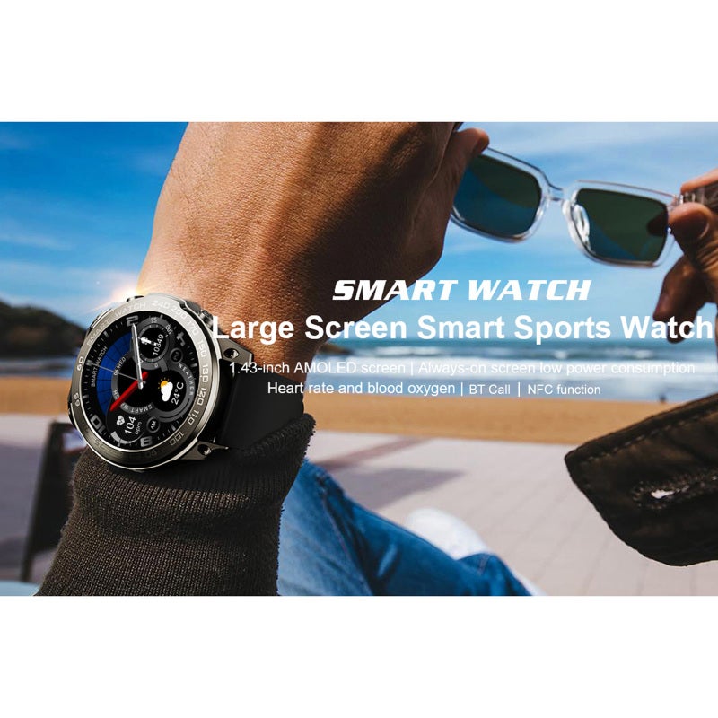 ساعة DM50 الرياضية الذكية  
شاشة AMOLED كاملة اللمس بحجم 1.43 بوصة  
متتبع لياقة بدنية مقاوم للماء بمعيار IP68  
دعم مكالمات البلوتوث  
مراقبة النوم / معدل ضربات القلب / ضغط الدم  
أوضاع رياضية متعددة  
تنبيهات الإشعارات / المكالمات / التذكير بالحركة - Image 5