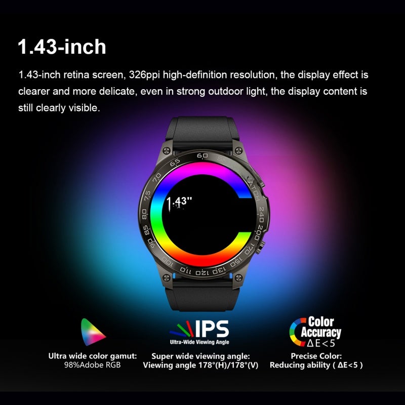 ساعة DM50 الرياضية الذكية  
شاشة AMOLED كاملة اللمس بحجم 1.43 بوصة  
متتبع لياقة بدنية مقاوم للماء بمعيار IP68  
دعم مكالمات البلوتوث  
مراقبة النوم / معدل ضربات القلب / ضغط الدم  
أوضاع رياضية متعددة  
تنبيهات الإشعارات / المكالمات / التذكير بالحركة - Image 1