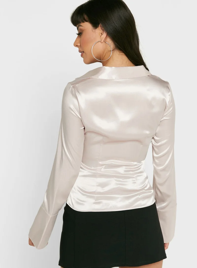 TOPSHOP Ruched Satin Popper Shirt