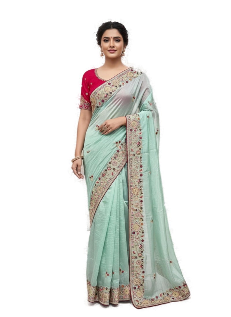 Glory Sarees Women’s Pure Silk Gold Crushed Sequence Embroidery Work Saree With Blouse Piece (LF844_Mint Green) - Image 1